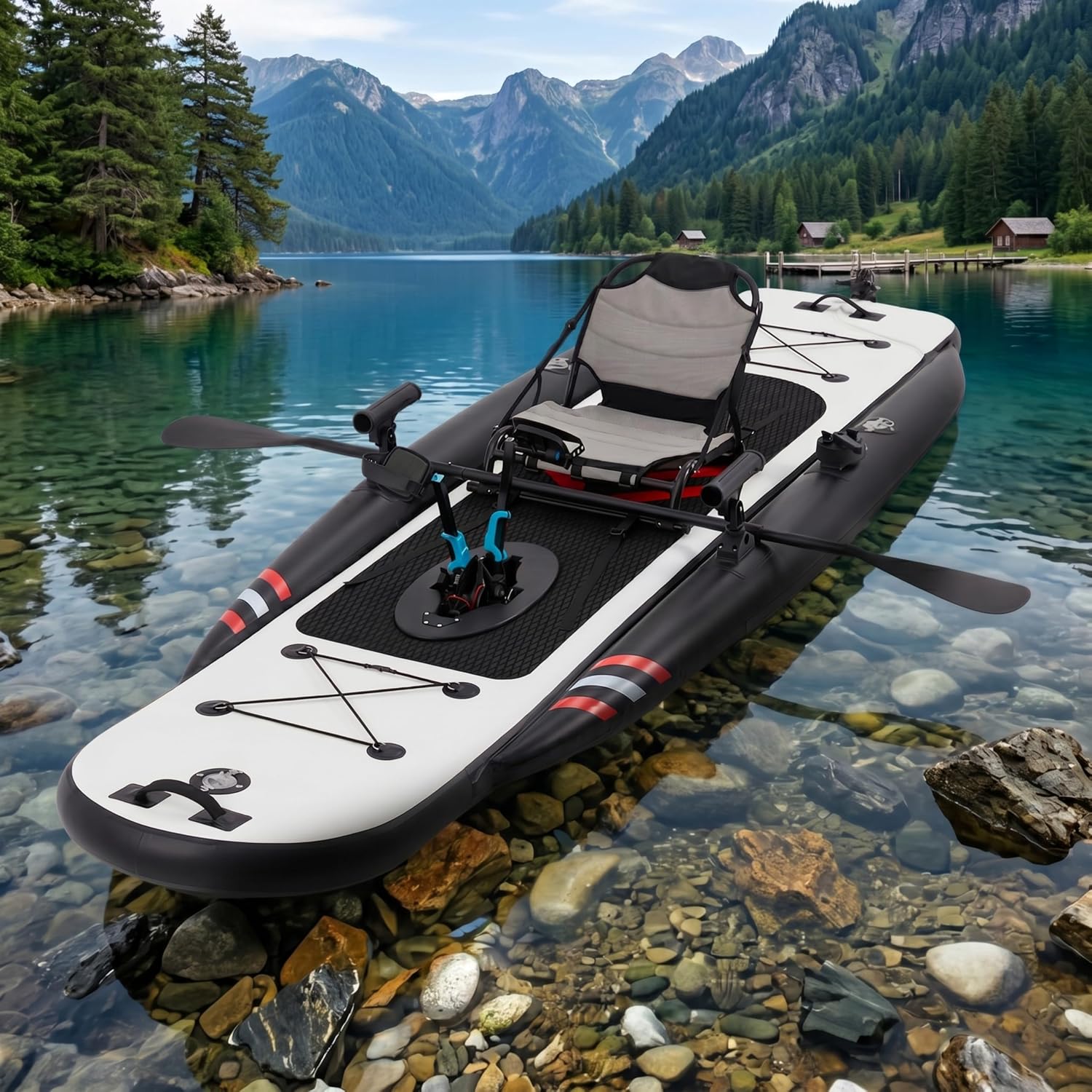 Fishing Kayak Inflatable - 12フィート プレミアムPVCインフレータブルフィッシングカヤック – ペダル駆動、軽量で持ち運び可能、ラダーシステム、アルミシート、アクセサリー付き、HIN付属