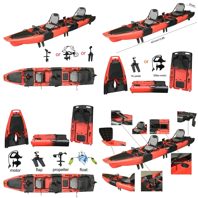 Fishing Kayak Pedal Drive - 卸売14フィートHDPE3セクションタンデムペダル駆動カヤック（電動モーター付き）OEM工場製フィッシングカヤック