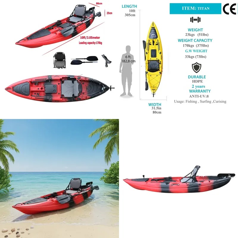 Fishing Kayak Paddle - 10フィートシングルシートシットオンフィッシングパドルカヤック、電動モーター付きカヌー、1人乗りHDPEカヤック、大容量収納ボート